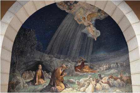 Bait Sahur (Palestina) - Zidna slika u unutranjosti crkve "Gloria in excelsis" - Anđeo se ukazuje pastirima